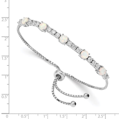 Sterling Silver Rh-Plated Created Opal And Cz Adjustable Bracelet