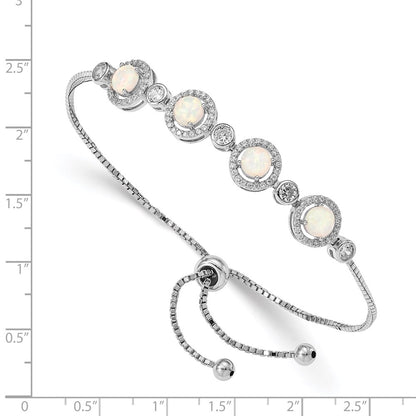 Sterling Silver Rh-Plated Created Opal And Cz Adjustable Bracelet
