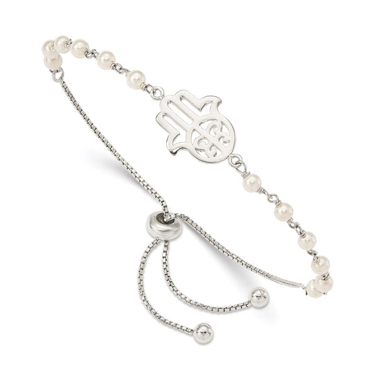 Sterling Silver Hamsa W/ Simulated Pearl Adjustable Bracelet