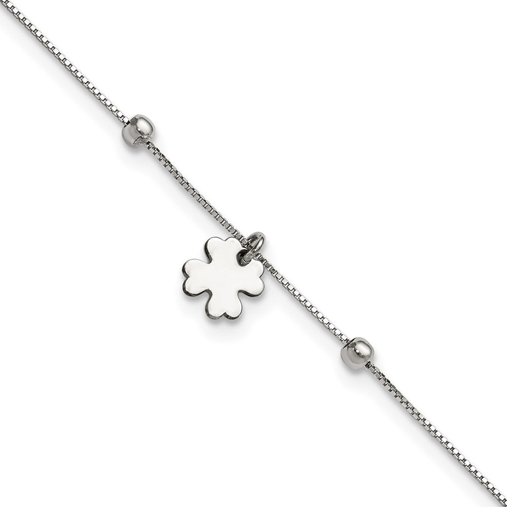 Sterling Silver Rhodium-Plated Clover Dangle 9In W/1In Ext Anklet
