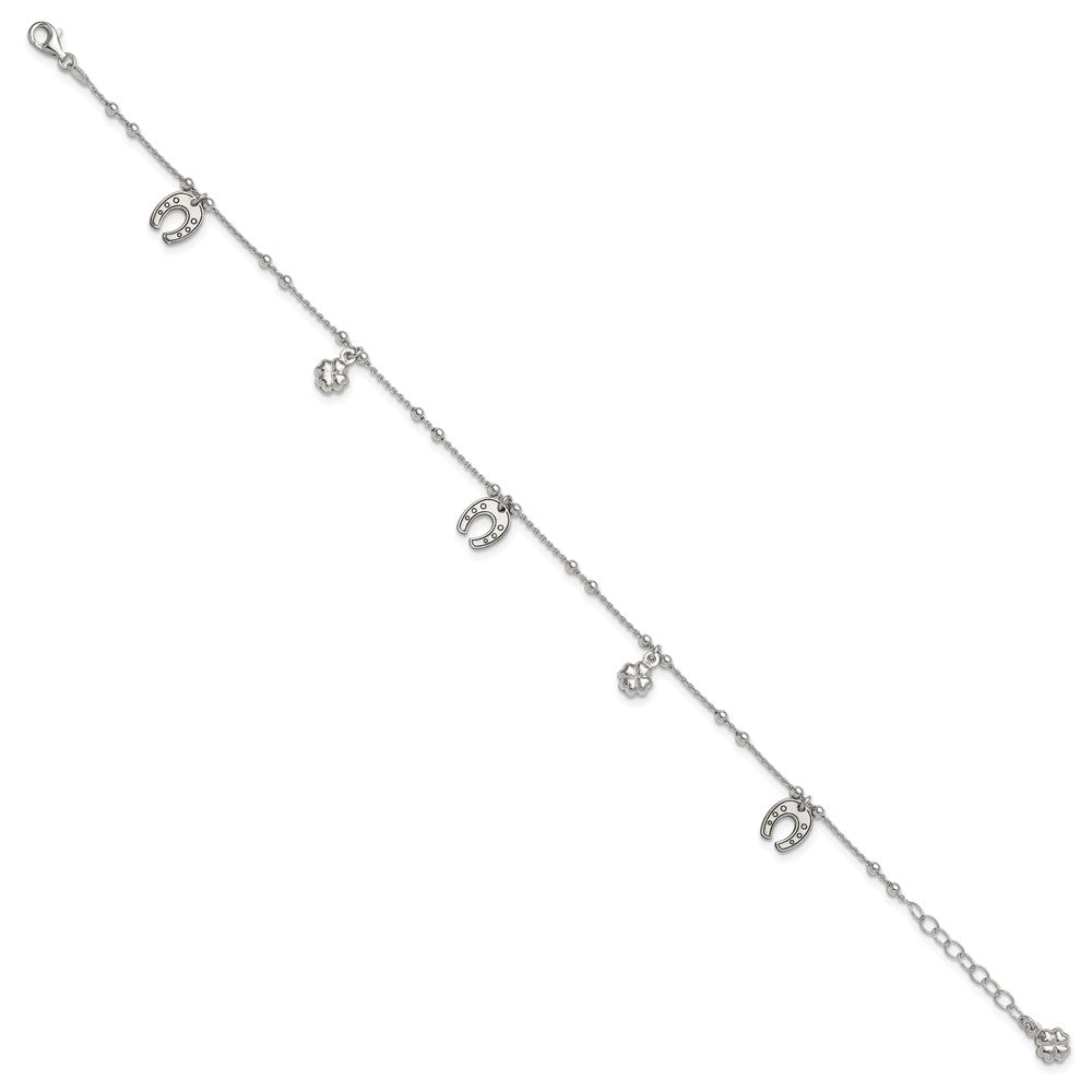 Sterling Silver Rhodium-Plated Clover/Horseshoe Dangle 9In W/1In Ext Anklet