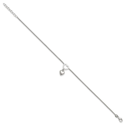 Sterling Silver Rhodium-Plated Heart Dangle Charm 9In W/1In Ext Anklet