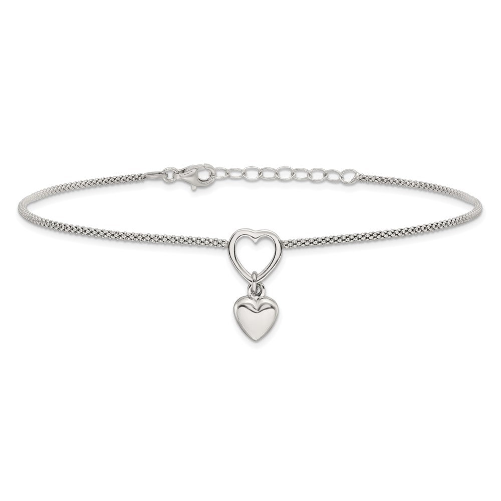Sterling Silver Rhodium-Plated Heart Dangle Charm 9In W/1In Ext Anklet