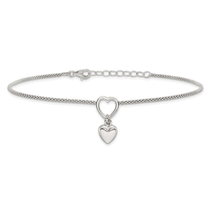 Sterling Silver Rhodium-Plated Heart Dangle Charm 9In W/1In Ext Anklet
