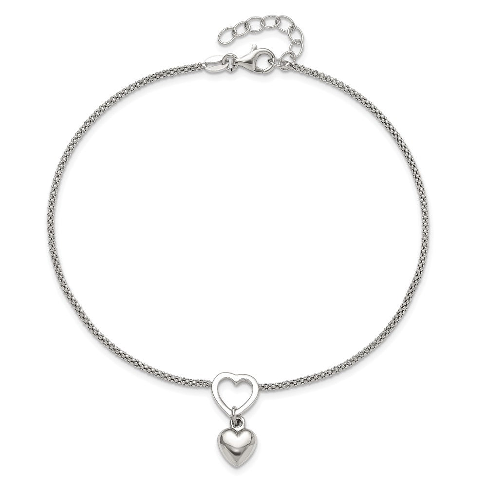 Sterling Silver Rhodium-Plated Heart Dangle Charm 9In W/1In Ext Anklet