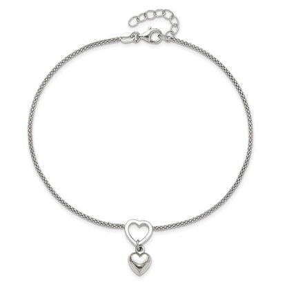 Sterling Silver Rhodium-Plated Heart Dangle Charm 9In W/1In Ext Anklet
