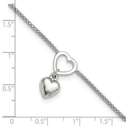 Sterling Silver Rhodium-Plated Heart Dangle Charm 9In W/1In Ext Anklet