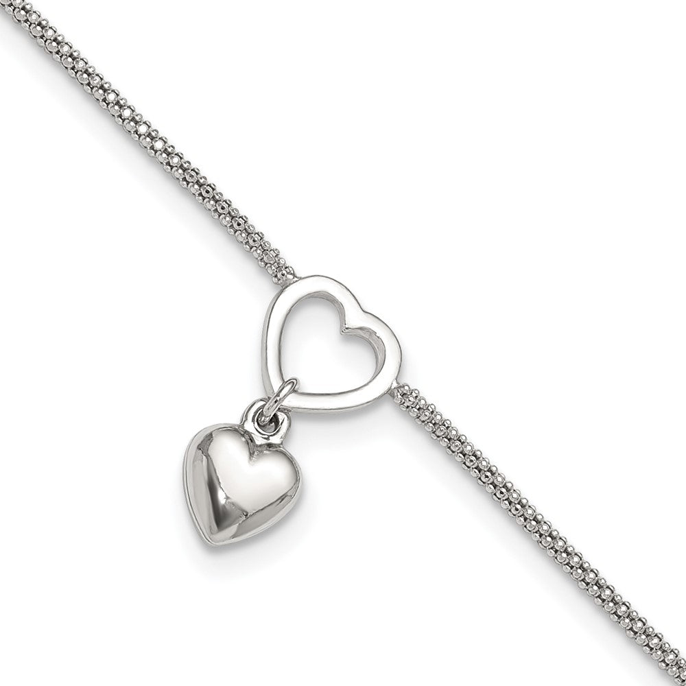 Sterling Silver Rhodium-Plated Heart Dangle Charm 9In W/1In Ext Anklet