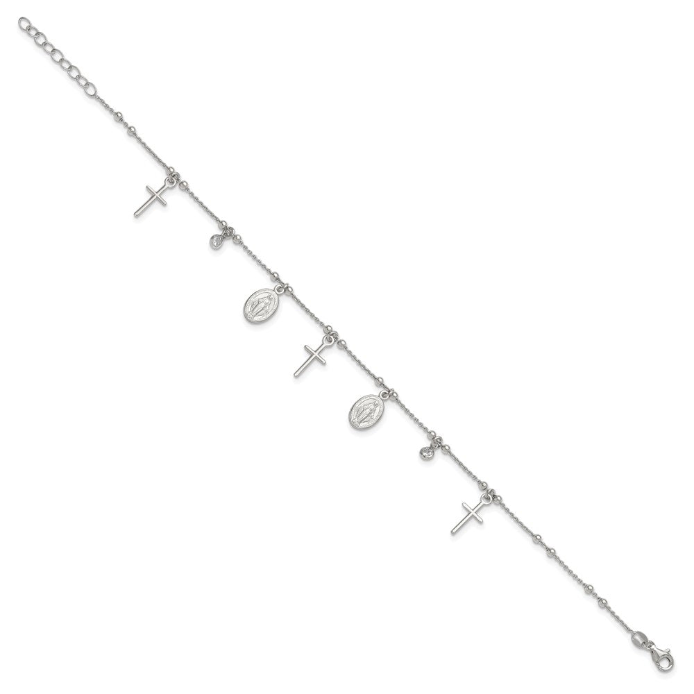 Sterling Silver Rhodium-Plated Cz Cross And Mary Charm 9In W/1In Ext Anklet
