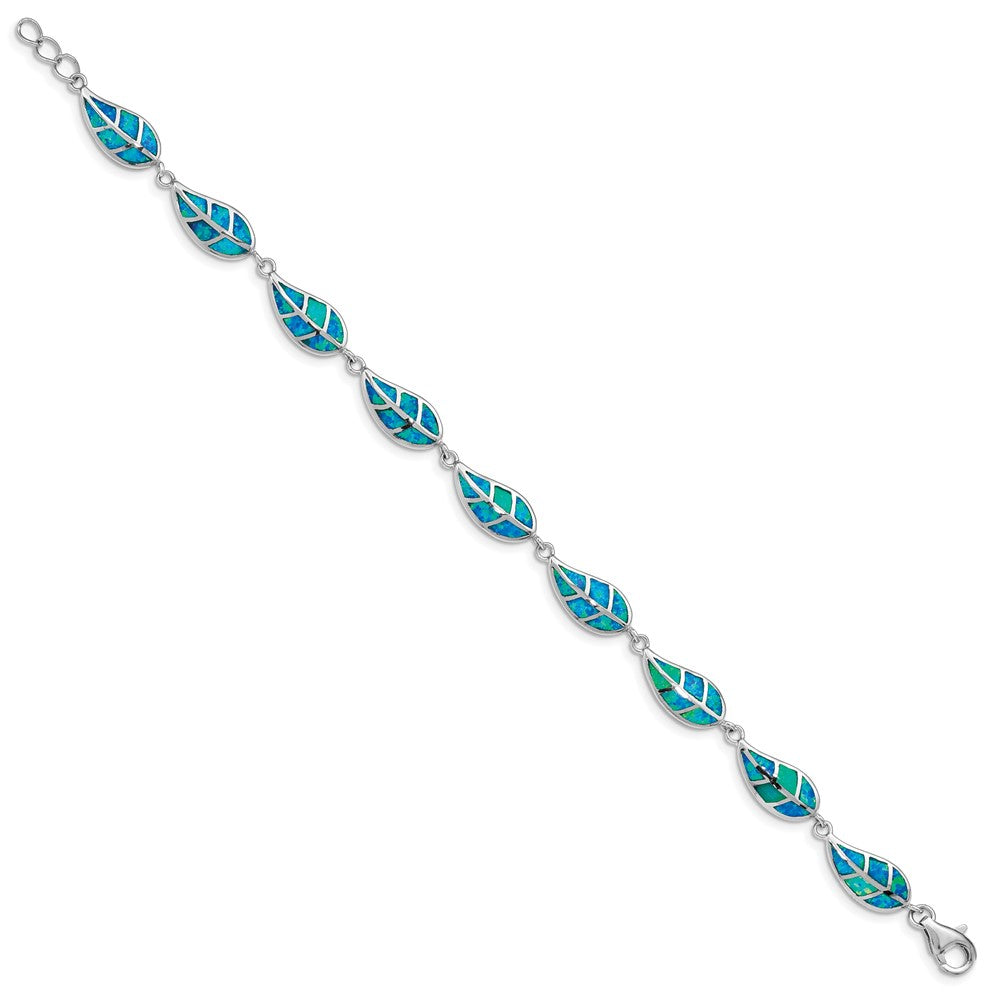7.5 Inch Sterling Silver Rhodium-Plated Lab Created Opal Inlay Leaf Bracelet