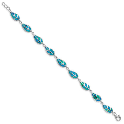 7.5 Inch Sterling Silver Rhodium-Plated Lab Created Opal Inlay Leaf Bracelet