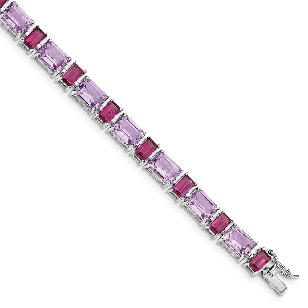 7.5 Inch Sterling Silver Rhodium-Plated Amethyst And Rhodolite Bracelet