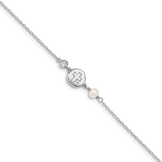 6.75 Inch Sterling Silver Rh-Plated Cz/Cross/Fwc Pearl W/0.5In Ext Bracelet