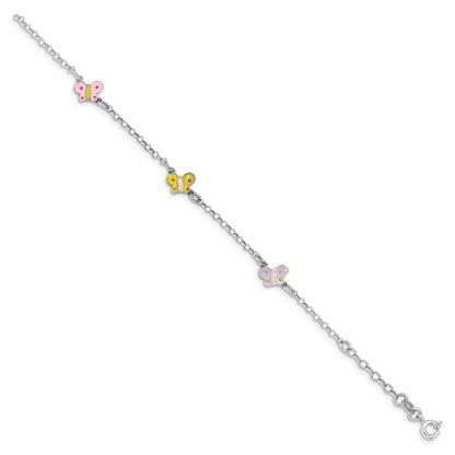 7 Inch Sterling Silver Rhodium-Plated Polished Multi-Color Enameled Butterflies Children'S Bracelet