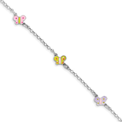 7 Inch Sterling Silver Rhodium-Plated Polished Multi-Color Enameled Butterflies Children'S Bracelet