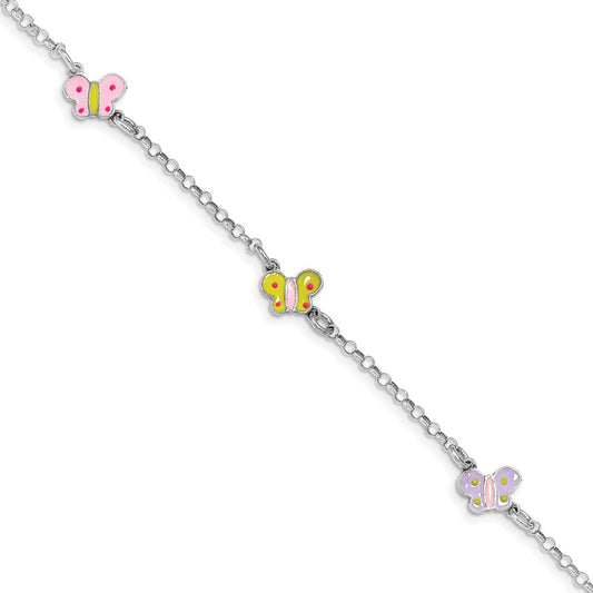 7 Inch Sterling Silver Rhodium-Plated Polished Multi-Color Enameled Butterflies Children'S Bracelet
