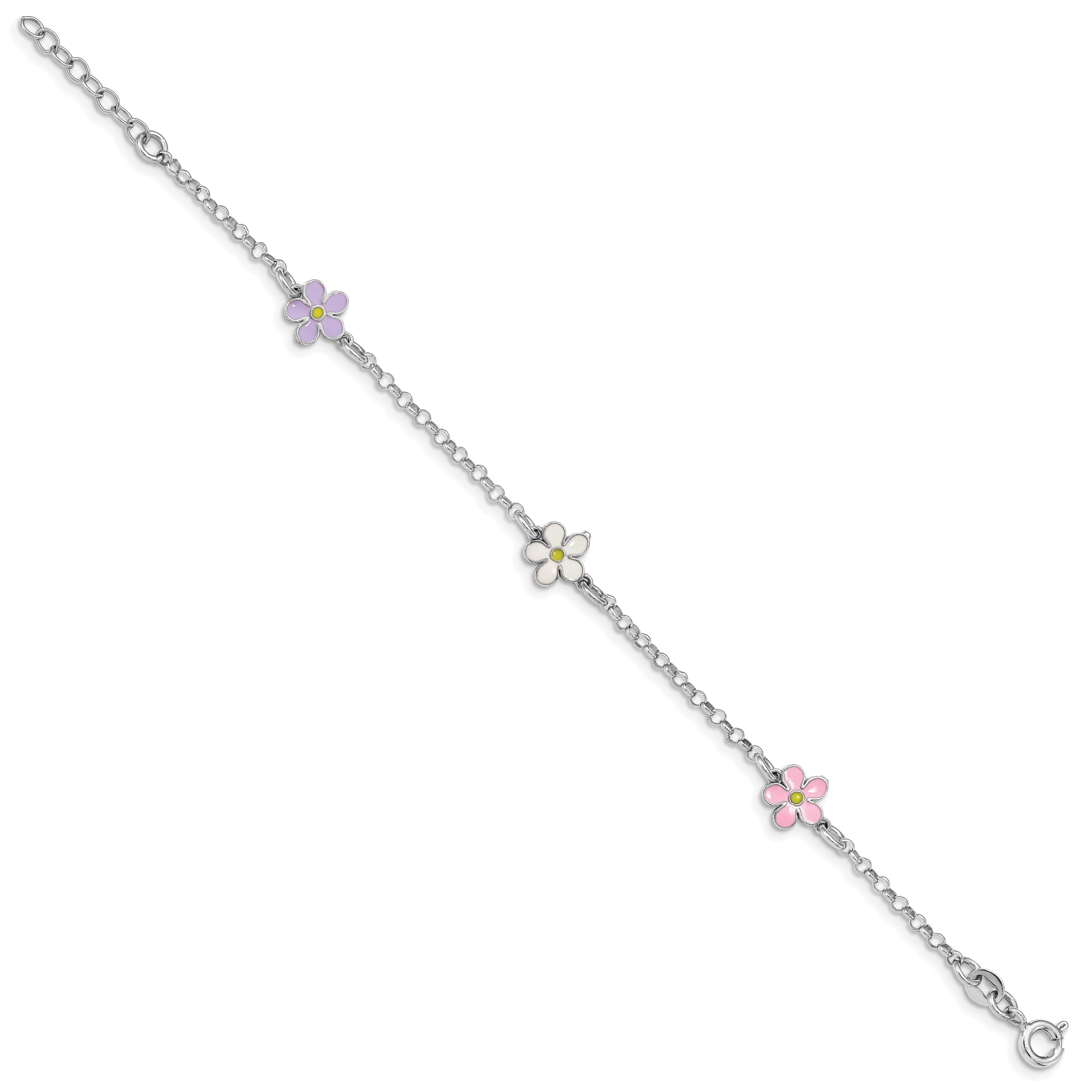 7 Inch Sterling Silver Rh-Plated Enameled Flower W/ .75In Ext. Children'S Bracelet