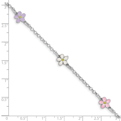 7 Inch Sterling Silver Rh-Plated Enameled Flower W/ .75In Ext. Children'S Bracelet