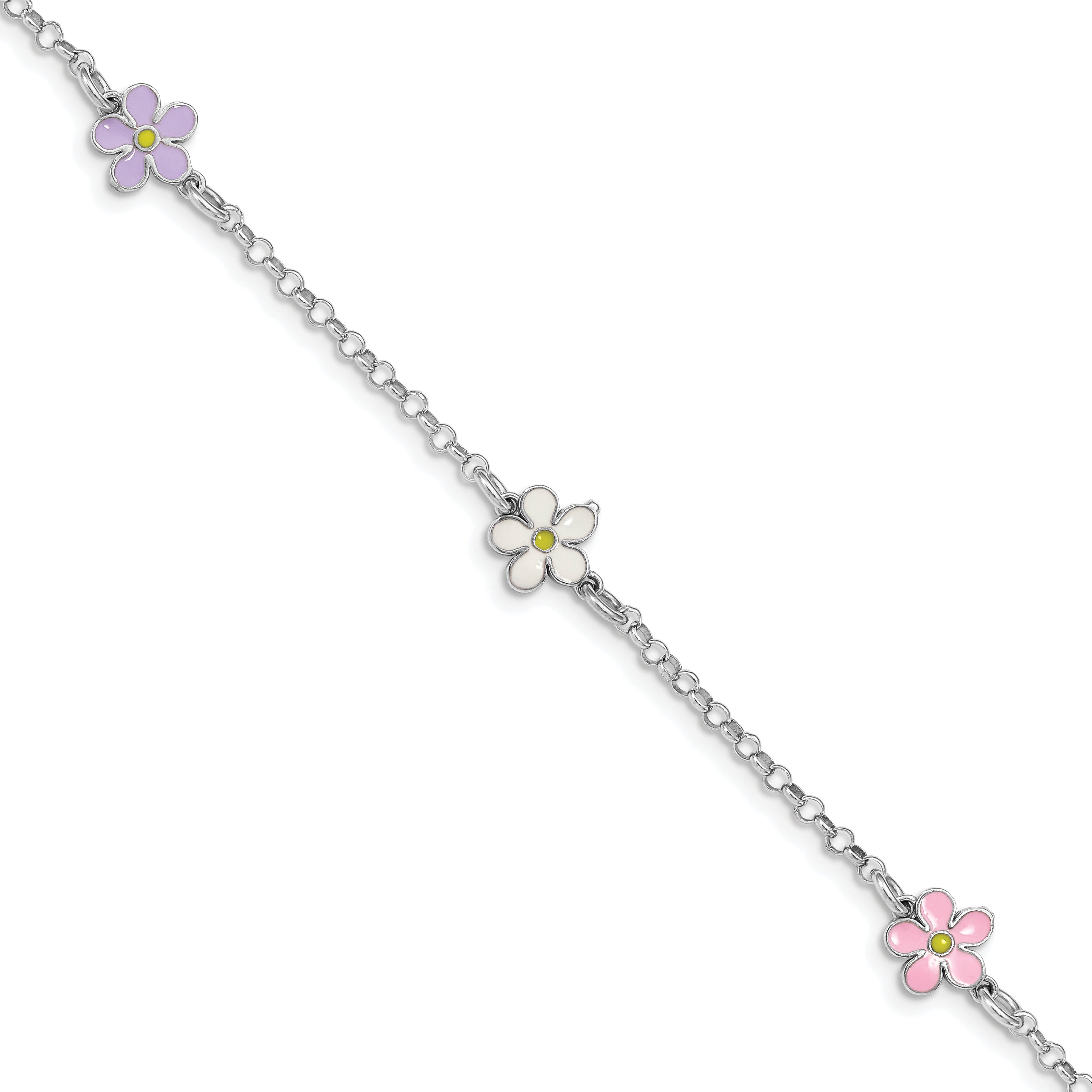 7 Inch Sterling Silver Rh-Plated Enameled Flower W/ .75In Ext. Children'S Bracelet