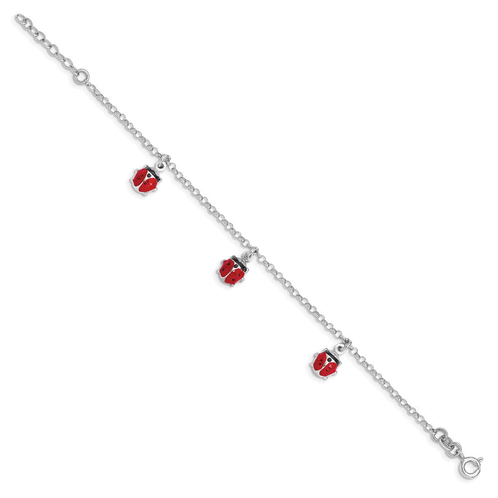 7 Inch Sterling Silver Rh-Pltd Enameled Ladybugs W/ 1In Ext. Children'S Bracelet