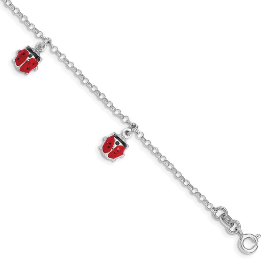 7 Inch Sterling Silver Rh-Pltd Enameled Ladybugs W/ 1In Ext. Children'S Bracelet