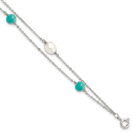 7 Inch Sterling Silver Rhodium-Plated Turquoise/Fwc Pearl W/1In Ext Bracelet