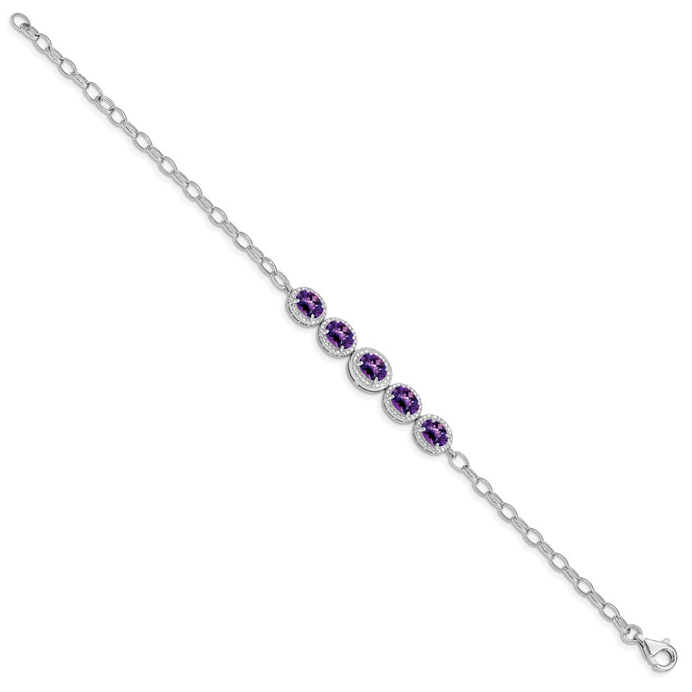8 Inch Sterling Silver Rhod-Plat Amethyst Bracelet