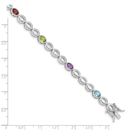 7.5 Inch Sterling Silver Rhod-Plat Amethyst Blue Topaz Garnet Peridot Bracelet