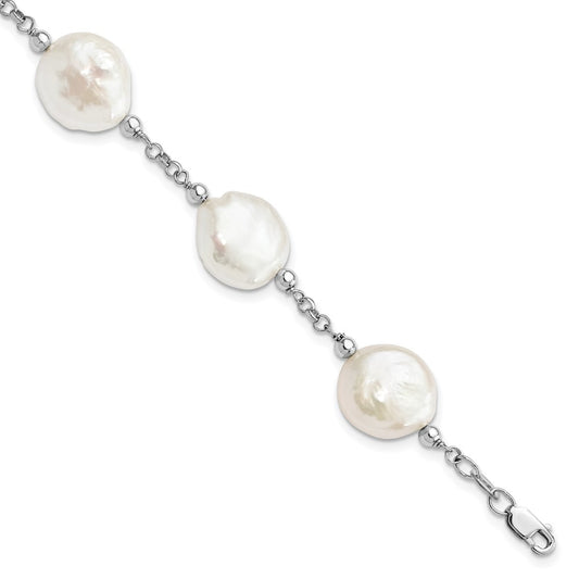 7.5 Inch Sterling Silver Rhod-Plated 12-13 Coin Fwc Pearl 6 Stat Bracelet