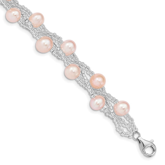 7.5 Inch Sterling Silver Rhd-Plt 7-9mm Pink Fwc Pearl & Glass Beaded Bracelet