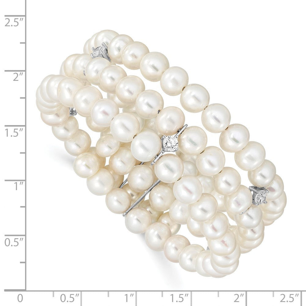 7.5 Inch Sterling Silver Rhod-Plat 6-7mm White Fwc Pearl & Cz 3 Row Bracelet