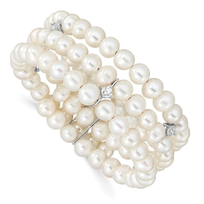 7.5 Inch Sterling Silver Rhod-Plat 6-7mm White Fwc Pearl & Cz 3 Row Bracelet