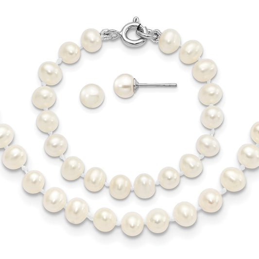12 Inch Sterling Silver Madi K Rhodium-Plated 5-6mm Semi-Round Freshwater Cultured Pearl 12In Necklace, 4In Bracelet & Stud Earrring Set