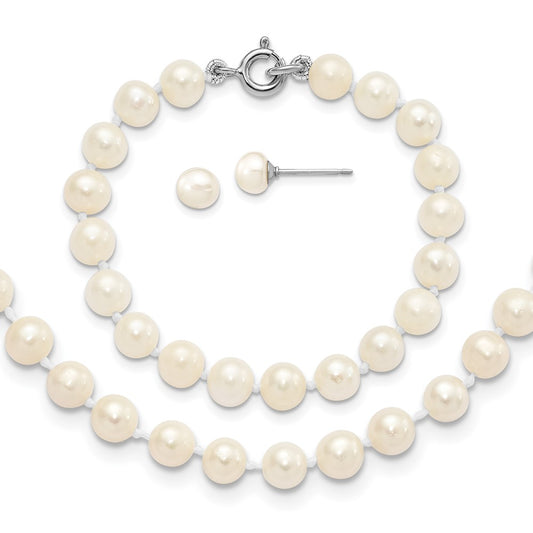 14 Inch Sterling Silver Madi K Rhodium-Plated 5-6mm Semi-Round Freshwater Cultured Pearl 12In Necklace, 4In Bracelet & Button Earrring Set