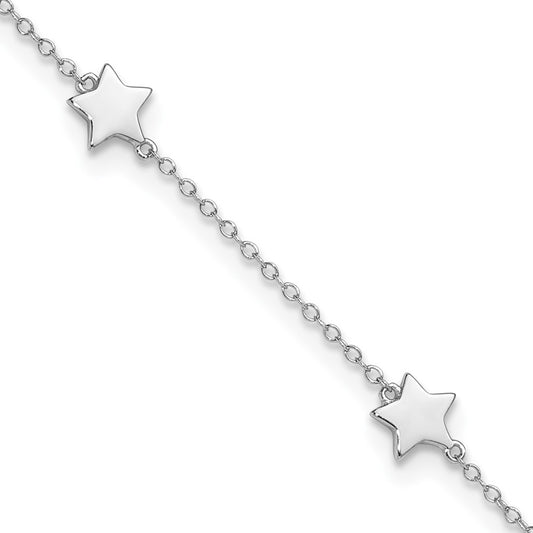 Sterling Silver Rhodium-Plated Stationed Star With 2In Ext. Anklet