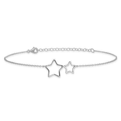 Sterling Silver Rhodium-Plated Cut-Out Stars W/ 2In Ext. Anklet