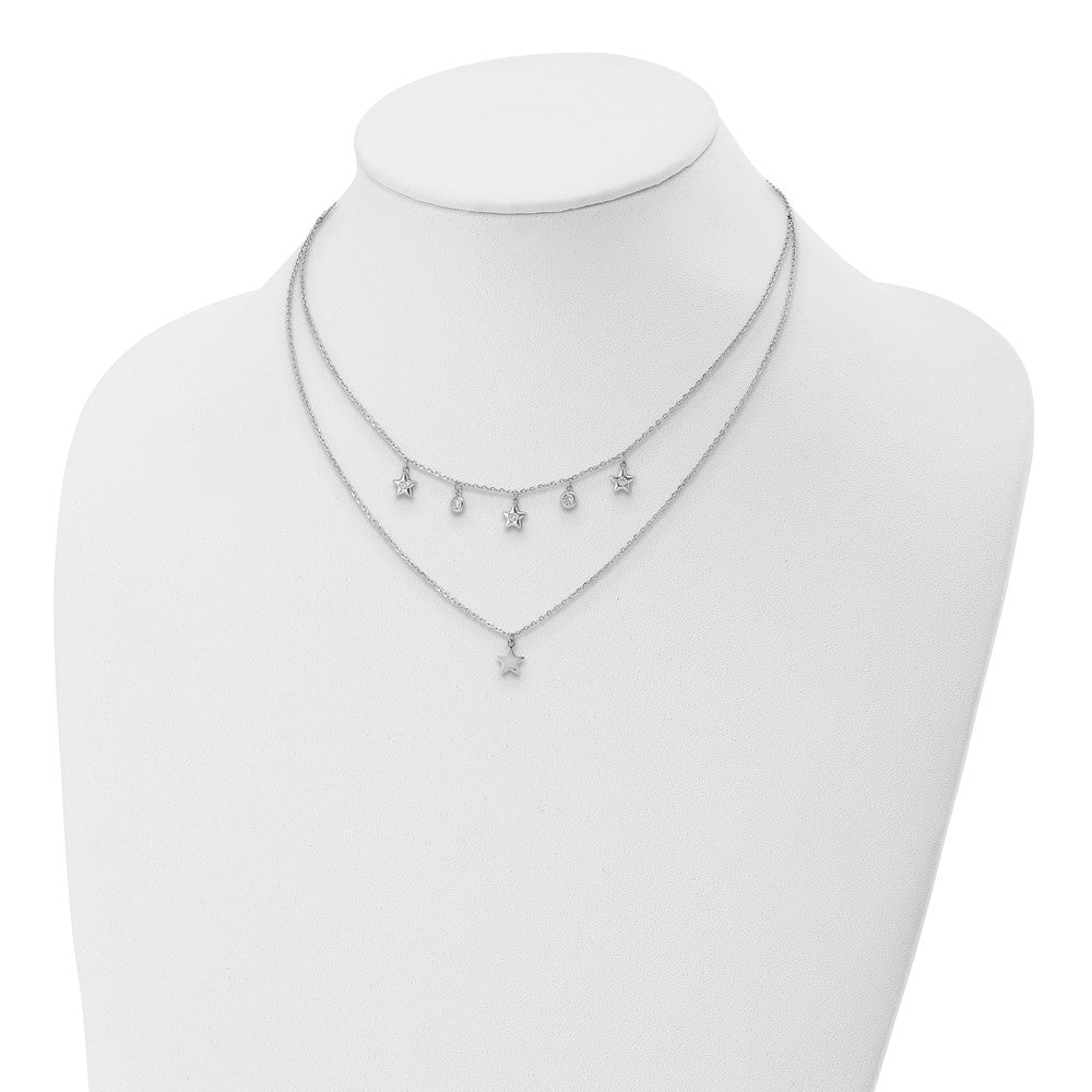 Sterling Silver Rhodium Plated Cz Layered Stars W/ 2In Ext. Necklace