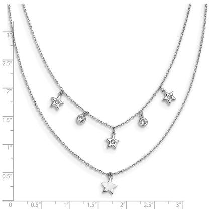 Sterling Silver Rhodium Plated Cz Layered Stars W/ 2In Ext. Necklace