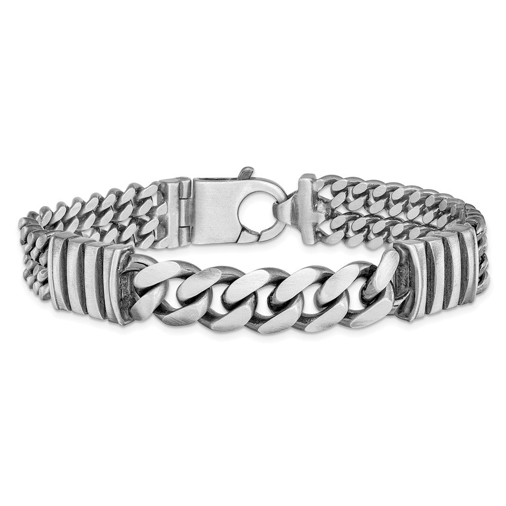 Sterling Silver Mens Antiqued Brush Double Curb Chain Bracelet