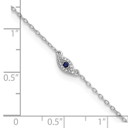 Sterling Silver Rhodium-Plated Polished Blue & White Cz Eye 10In Anklet