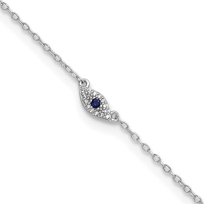 Sterling Silver Rhodium-Plated Polished Blue & White Cz Eye 10In Anklet