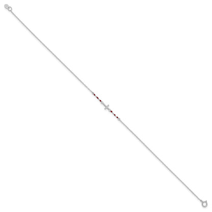 Sterling Silver Rhodium-Plated Polished Cz Red Enamel Bead Cross Anklet