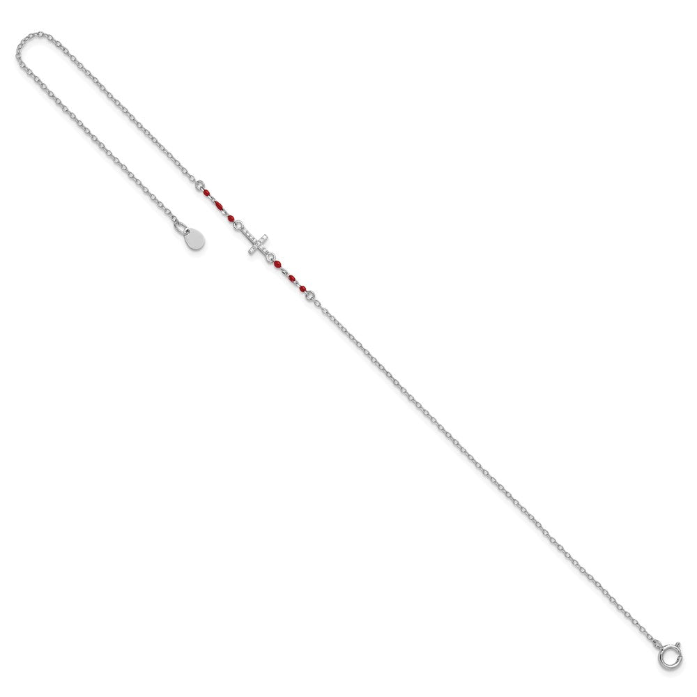 Sterling Silver Rhodium-Plated Polished Cz Red Enamel Bead Cross Anklet