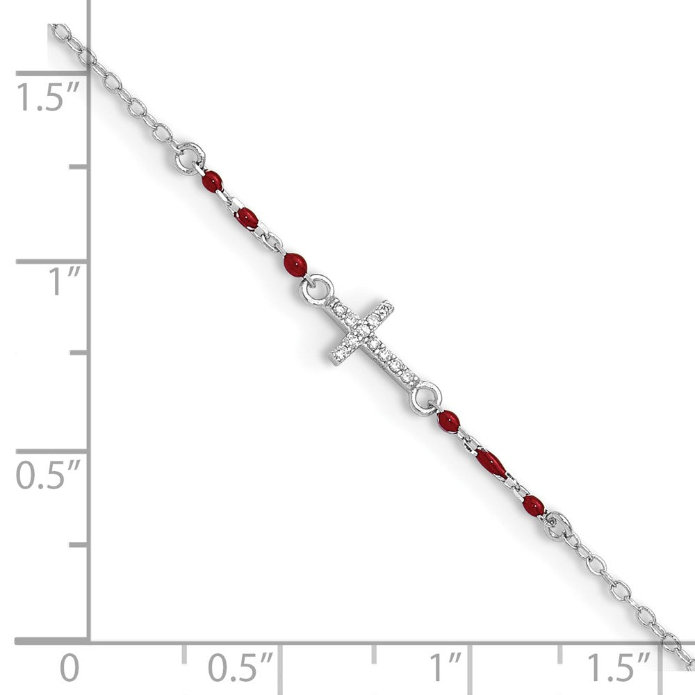 Sterling Silver Rhodium-Plated Polished Cz Red Enamel Bead Cross Anklet