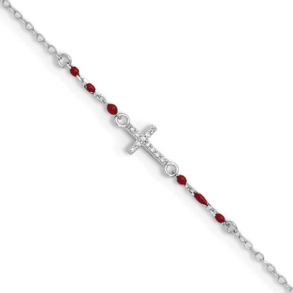 Sterling Silver Rhodium-Plated Polished Cz Red Enamel Bead Cross Anklet