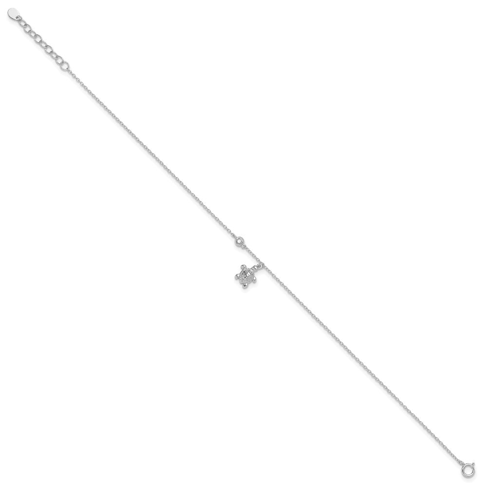Sterling Silver Rhodium-Plated Polished Cz Turtle 9 Inch With An 1 Extention Anklet