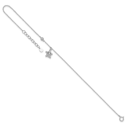 Sterling Silver Rhodium-Plated Polished Cz Turtle 9 Inch With An 1 Extention Anklet