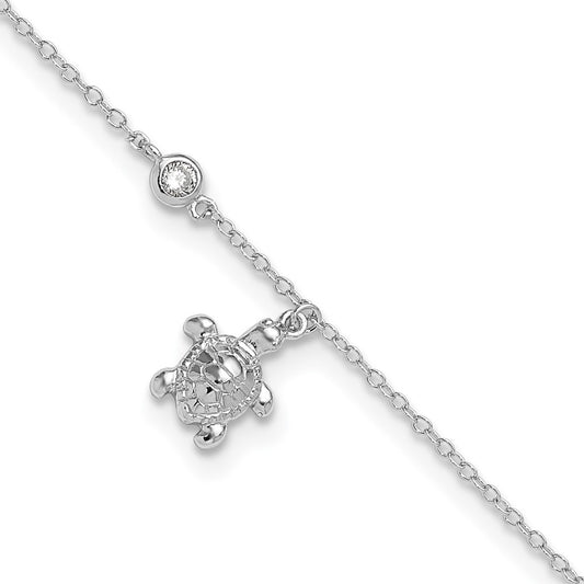 Sterling Silver Rhodium-Plated Polished Cz Turtle 9 Inch With An 1 Extention Anklet