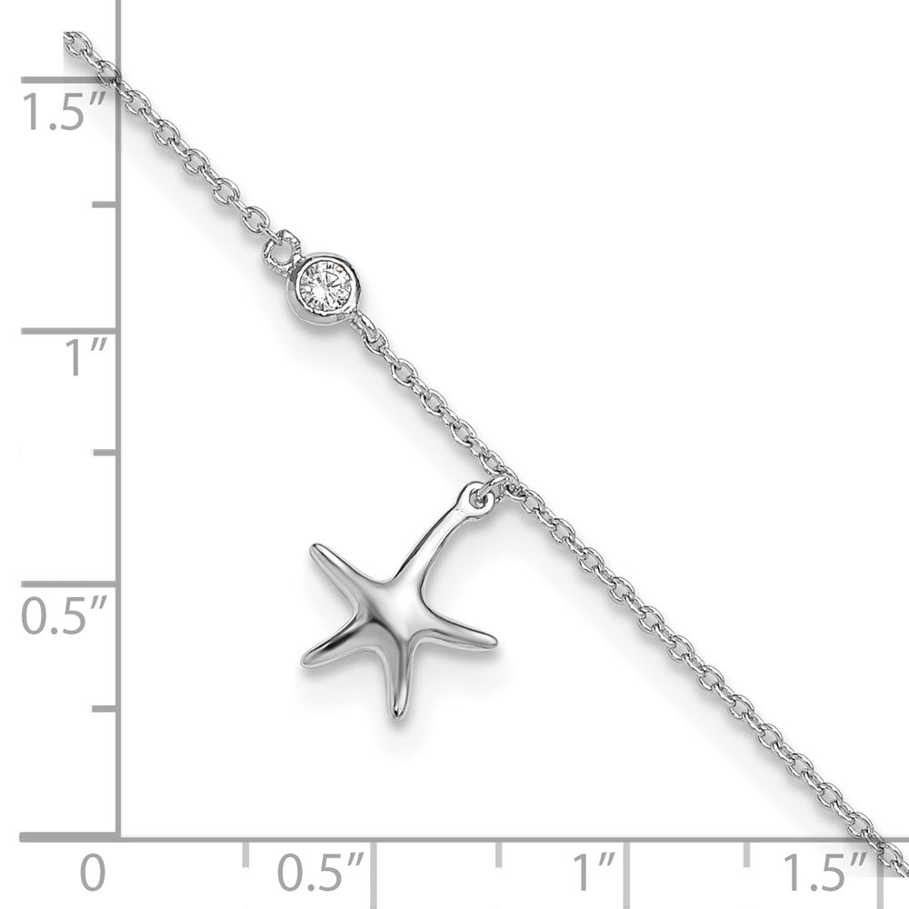 Sterling Silver Rhod-Plated Polished Cz Starfish 9In Plus 1 In Ext Anklet