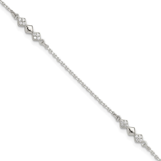 Sterling Silver Cz 3-Diamond Shapes 9In Plus 1 In Ext. Anklet